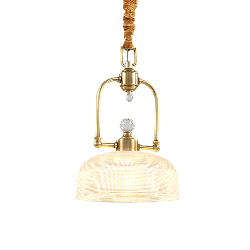 Golden Traditional Pendant Light With Clear Prismatic Glass Shade And Metal Suspension