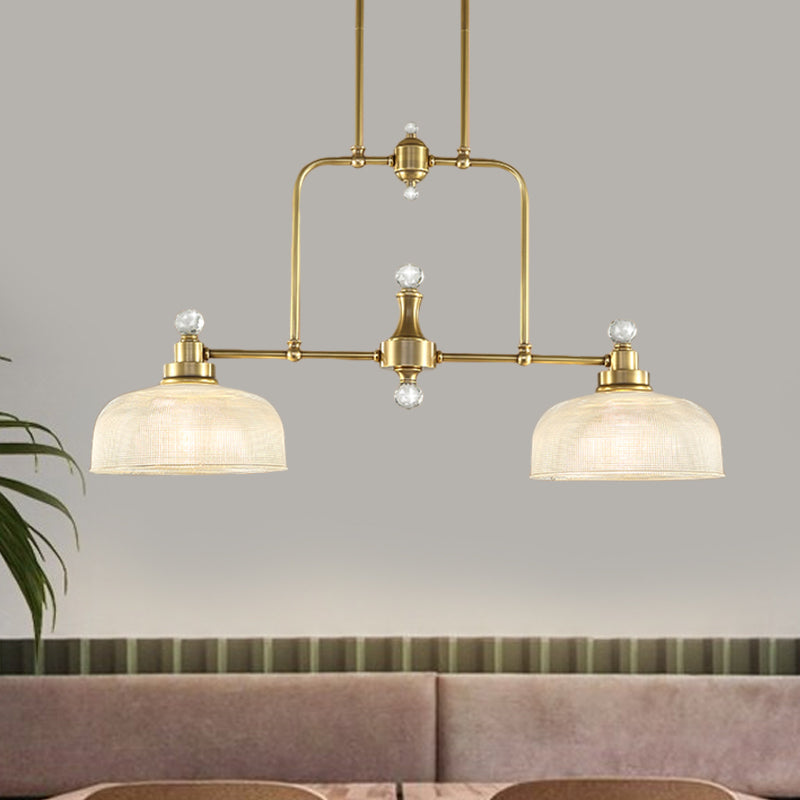 Country Style Gold Island Pendant With Clear Prismatic Glass And 2 Bulbs - Metal Hanging Light Kit