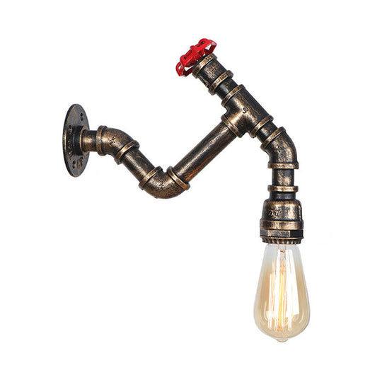 Iron Wall Lamp Industrial Style With Exposed Bulb & Red Valve - Aged Bronze Finish