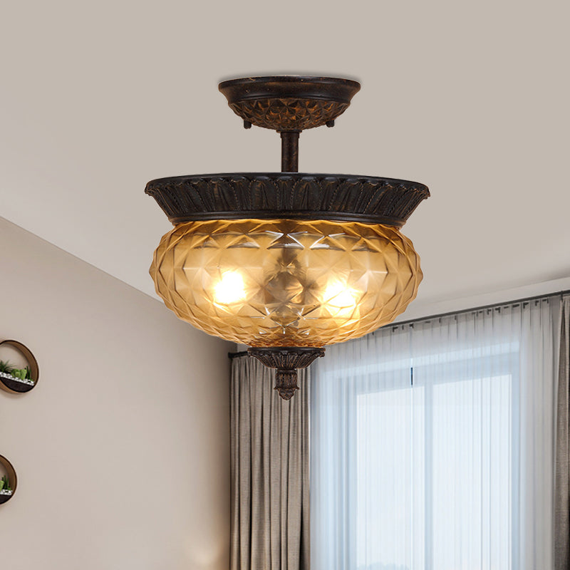 2-Light Countryside Black Semi Flush Ceiling Light with Prismatic Glass - Ideal for Dining Room