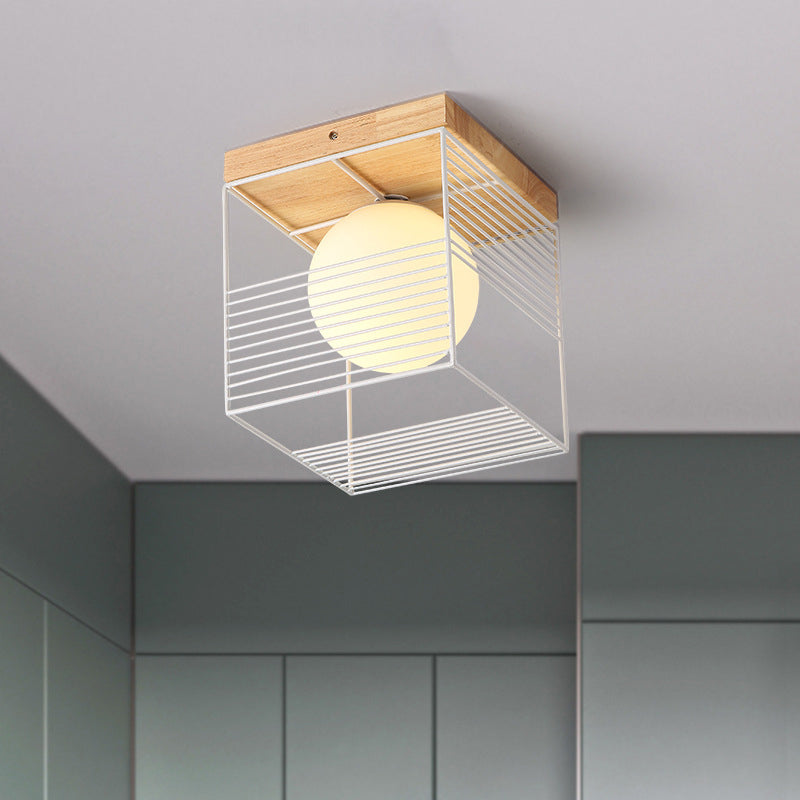 Minimalist Nordic Cage Ceiling Light with Glass Shade and Wood Canopy - Black/White Cubic Iron Flush Mount Lamp