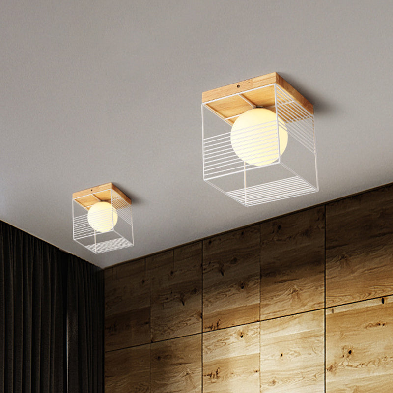 Minimalist Nordic Cage Ceiling Light with Glass Shade and Wood Canopy - Black/White Cubic Iron Flush Mount Lamp