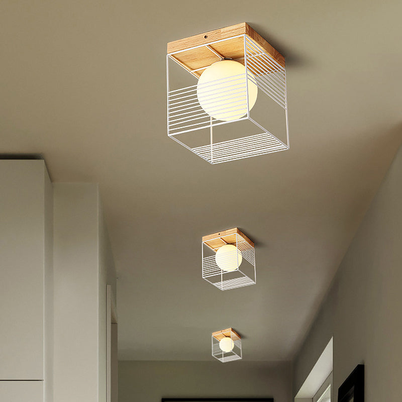 Minimalist Nordic Cage Ceiling Light With Glass Shade And Wood Canopy - Black/White Cubic Iron Flush