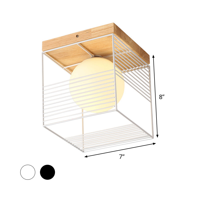 Minimalist Nordic Cage Ceiling Light With Glass Shade And Wood Canopy - Black/White Cubic Iron Flush