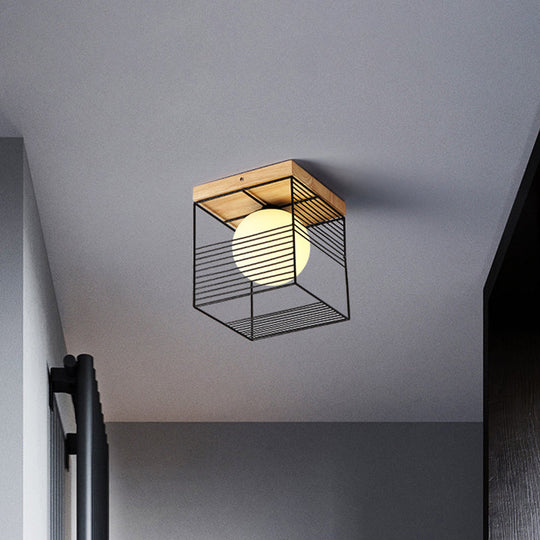 Minimalist Nordic Cage Ceiling Light With Glass Shade And Wood Canopy - Black/White Cubic Iron Flush