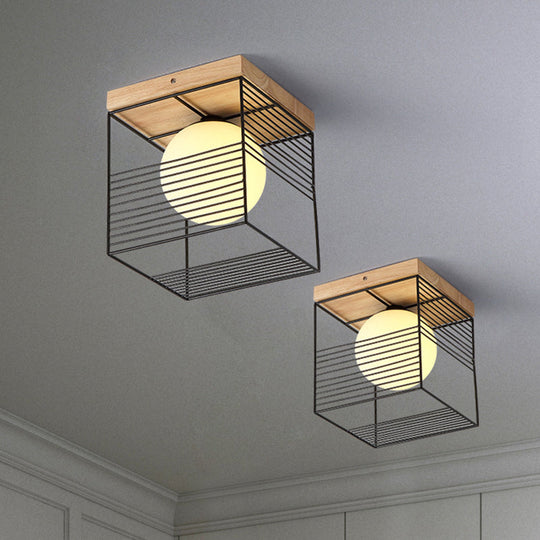 Minimalist Nordic Cage Ceiling Light With Glass Shade And Wood Canopy - Black/White Cubic Iron Flush