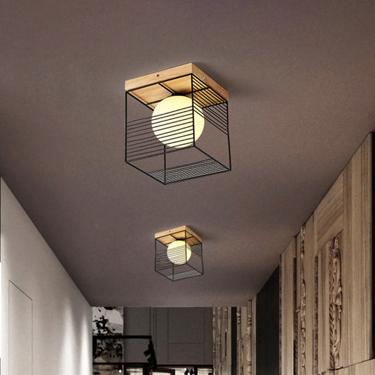 Minimalist Nordic Cage Ceiling Light with Glass Shade and Wood Canopy - Black/White Cubic Iron Flush Mount Lamp