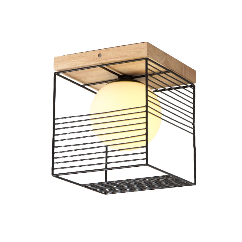 Minimalist Nordic Cage Ceiling Light with Glass Shade and Wood Canopy - Black/White Cubic Iron Flush Mount Lamp