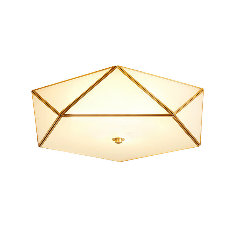 Gold Flush Mount Ceiling Light - Beveled Box Hotel Design Frosted White Glass Post-Modern Style