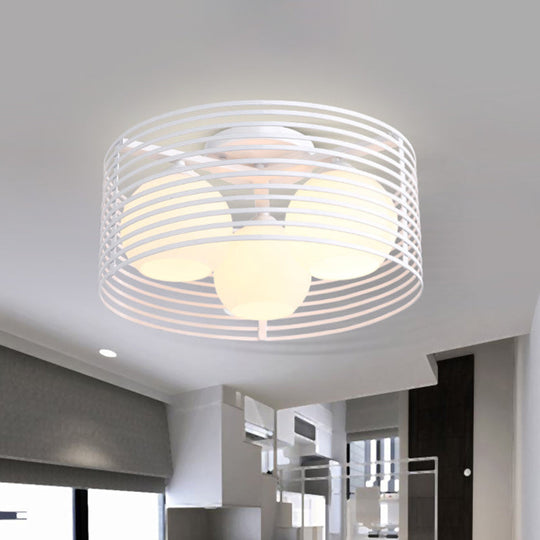 Contemporary Milk Glass Dome Flushmount: 3-Head Flush Mount Ceiling Light with Black/White Drum Cage