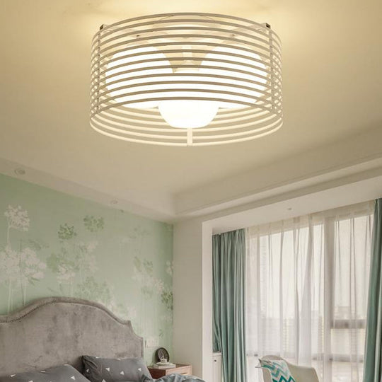 Contemporary Milk Glass Dome Flushmount: 3-Head Flush Mount Ceiling Light with Black/White Drum Cage