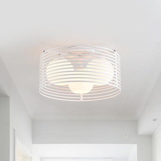 Contemporary Milk Glass Dome Flushmount: 3-Head Flush Mount Ceiling Light With Black/White Drum Cage