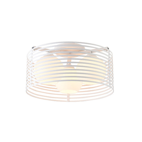 Contemporary Milk Glass Dome Flushmount: 3-Head Flush Mount Ceiling Light with Black/White Drum Cage