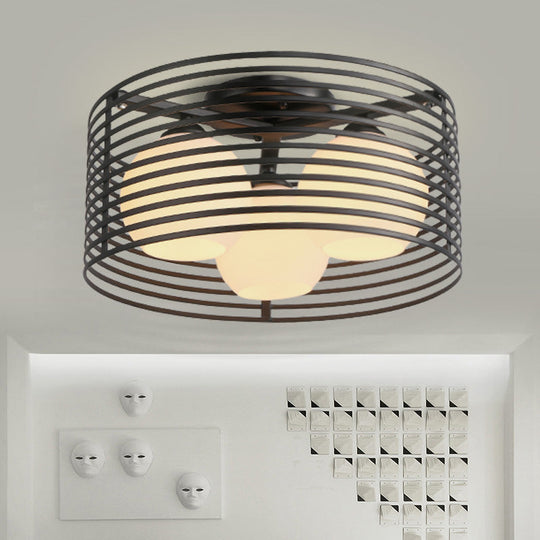 Contemporary Milk Glass Dome Flushmount: 3-Head Flush Mount Ceiling Light with Black/White Drum Cage