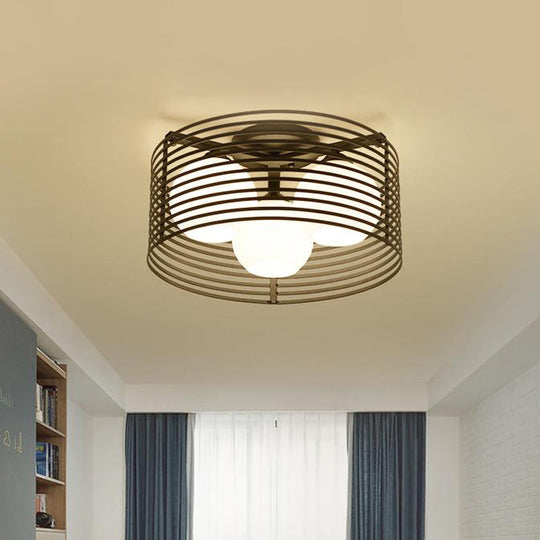 Contemporary Milk Glass Dome Flushmount: 3-Head Flush Mount Ceiling Light with Black/White Drum Cage