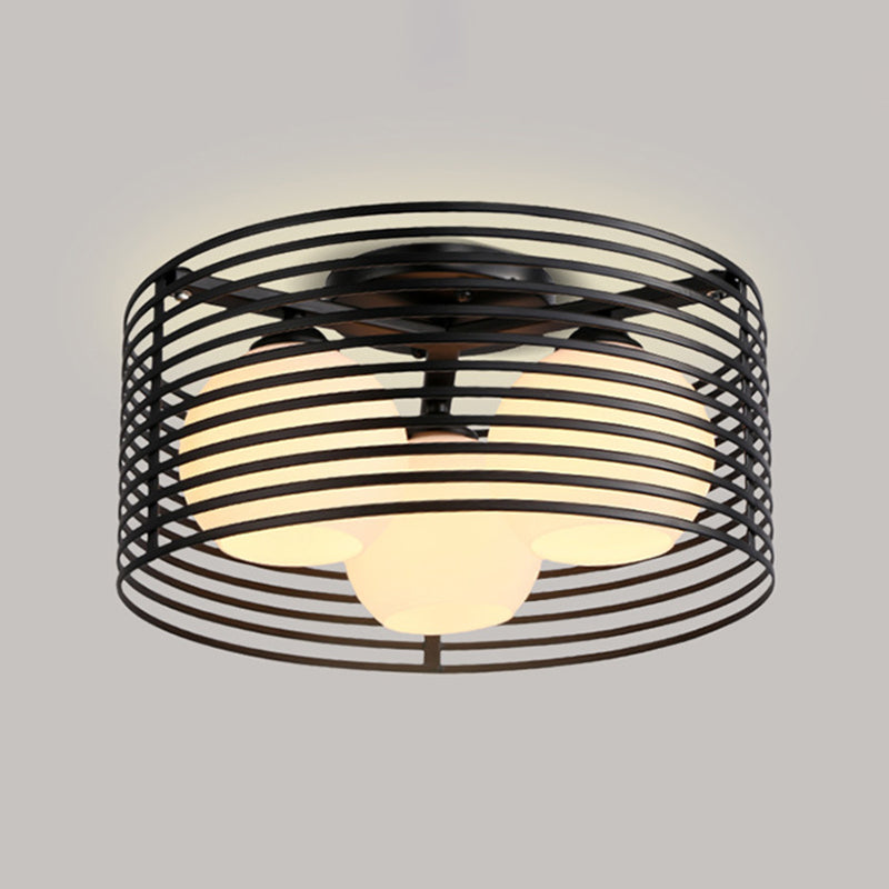 Contemporary Milk Glass Dome Flushmount: 3-Head Flush Mount Ceiling Light with Black/White Drum Cage