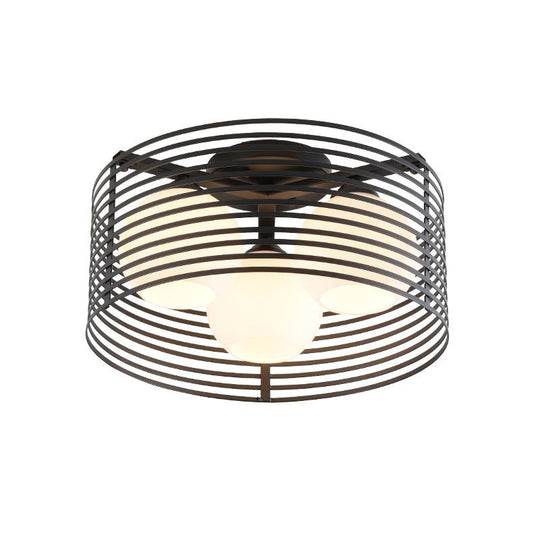 Contemporary Milk Glass Dome Flushmount: 3-Head Flush Mount Ceiling Light with Black/White Drum Cage