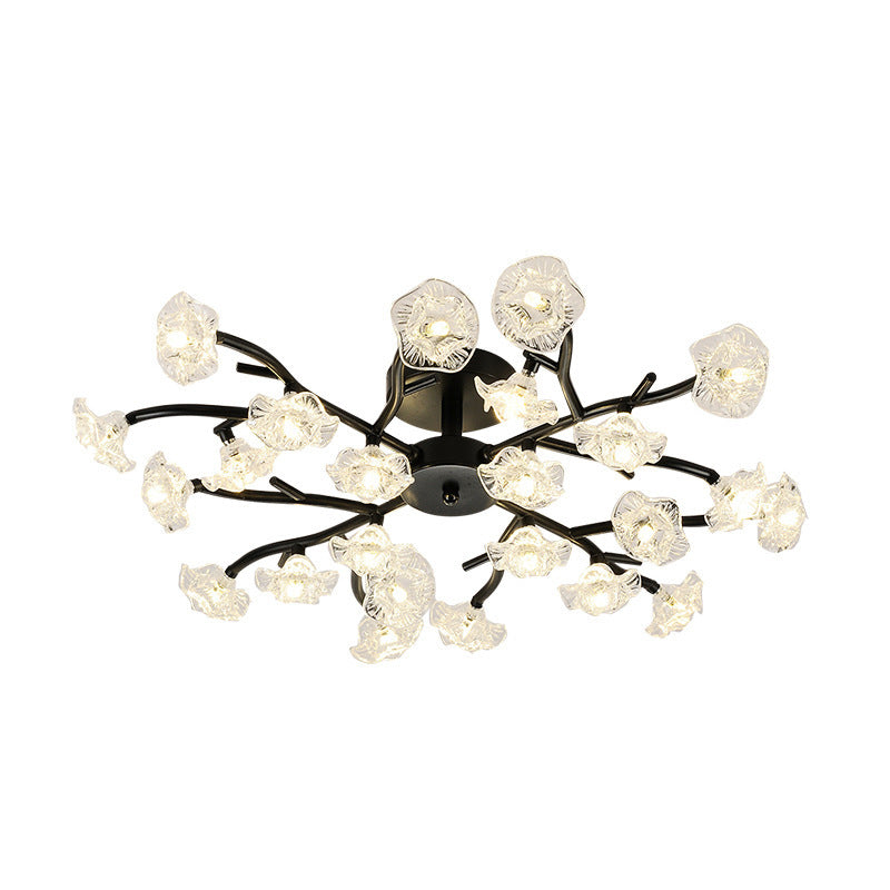 Modern Black/Gold Flower Branch Semi Flush Mount Chandelier - 24-Bulb Ceiling Light with Transparent Glass