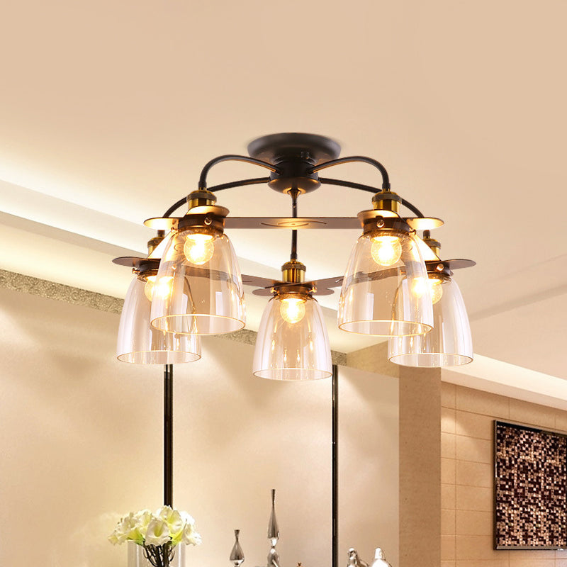 Mid Century Dome Shade Chandelier: Semi Flush Cognac Glass Ceiling Mount with 5 Bulbs – Black Finish for Restaurants