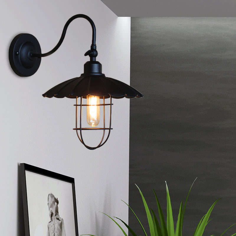 Nautical Scalloped Metal Sconce Light With Cage Shade - Wall Mounted Bedroom Lighting In Black