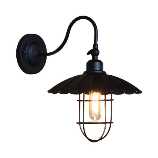 Nautical Scalloped Metal Sconce Light With Cage Shade - Wall Mounted Bedroom Lighting In Black