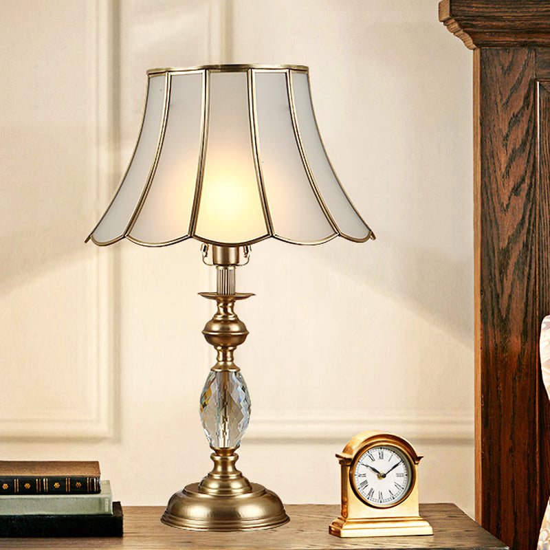 Minimalist Scalloped Frosted Glass Nightstand Light In Gold With Crystal Deco