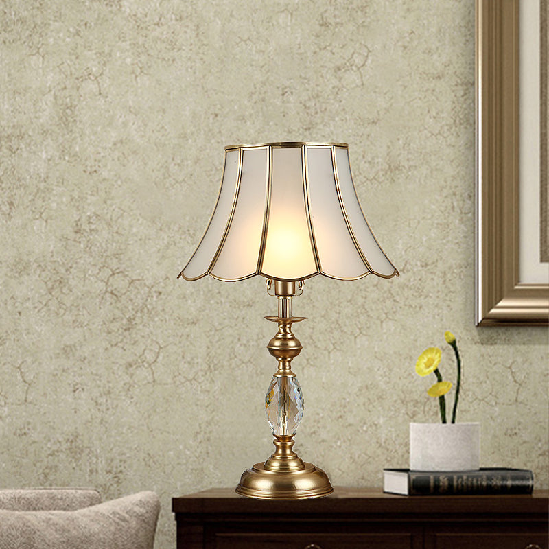 Minimalist Scalloped Frosted Glass Nightstand Light In Gold With Crystal Deco