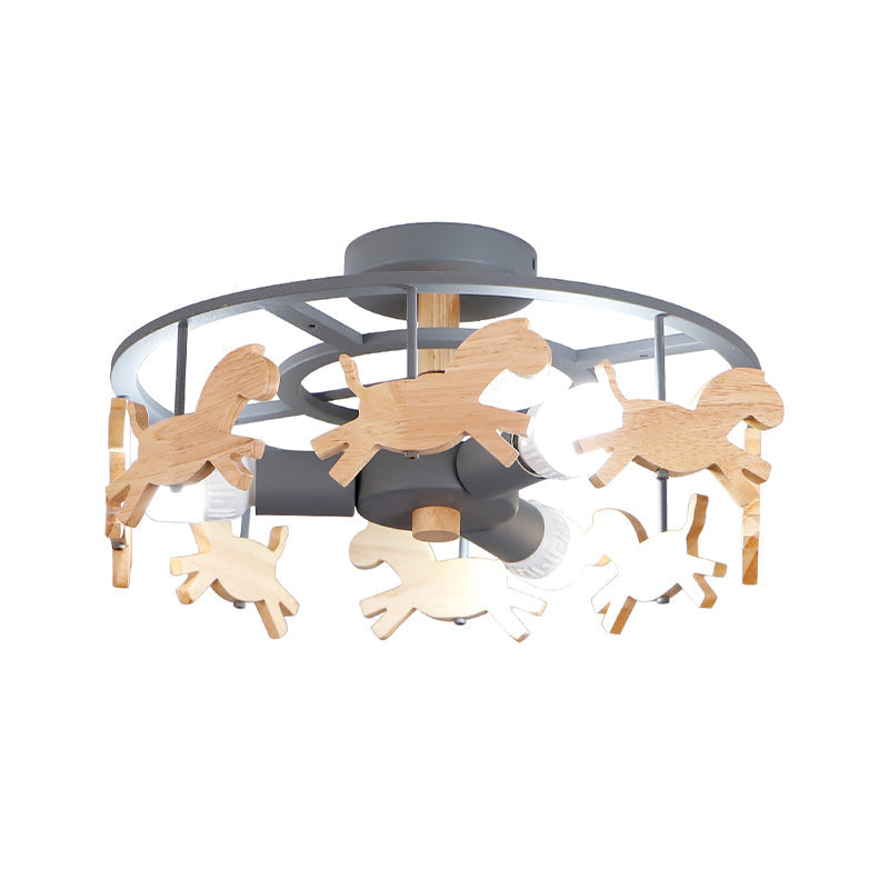 Round Semi-Flush Ceiling Light Macaroon 3-Bulb Grey/White/Green - Wooden Horse Design