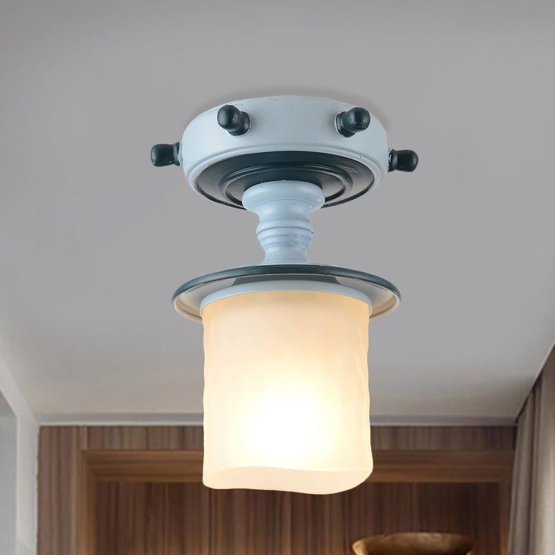 Mediterranean Blue 1-Light Semi-Flush Mount With Opal Glass Shade - Ideal For Corridors