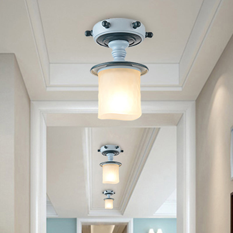 Mediterranean Blue 1-Light Semi-Flush Mount With Opal Glass Shade - Ideal For Corridors