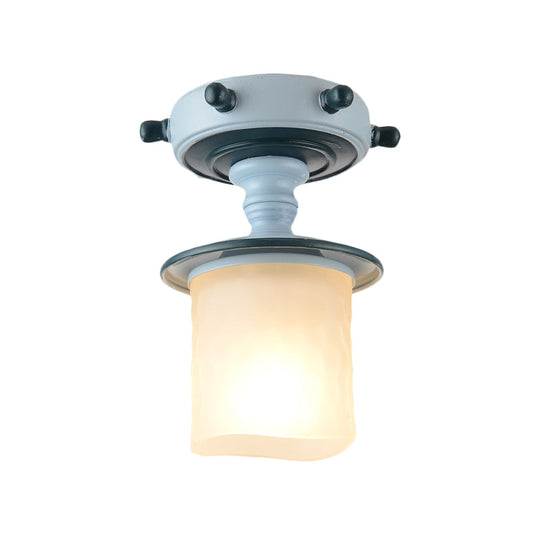 Mediterranean Blue 1-Light Semi-Flush Mount With Opal Glass Shade - Ideal For Corridors