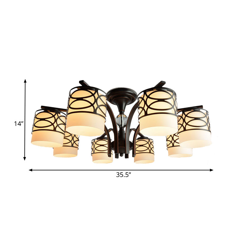 Rustic Opal Glass Semi Flush Light Fixture - Cylinder Design With 3/6/8 Black Metallic Heads Ideal