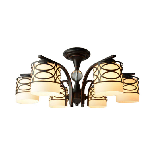 Rustic Opal Glass Semi Flush Light Fixture - Cylinder Design With 3/6/8 Black Metallic Heads Ideal