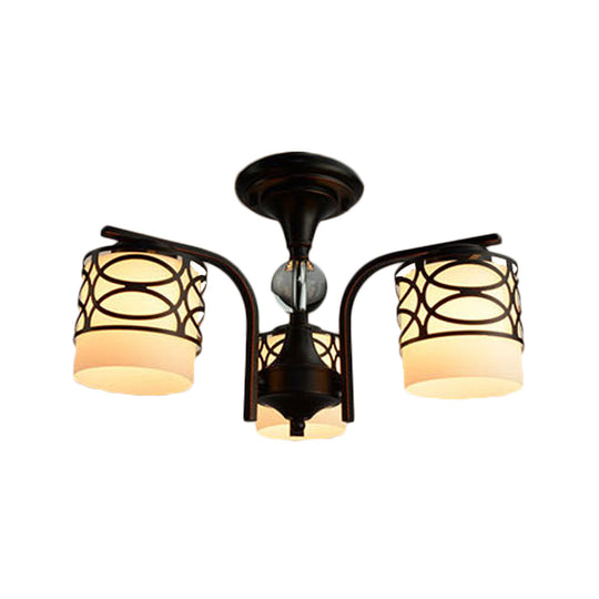 Rustic Opal Glass Semi Flush Light Fixture - Cylinder Design With 3/6/8 Black Metallic Heads Ideal