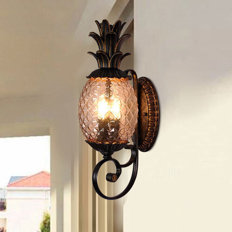 Vintage Pineapple Outdoor Wall Lamp - Brass Mount Light With Smoke Gray Ribbed Glass And 1-Bulb