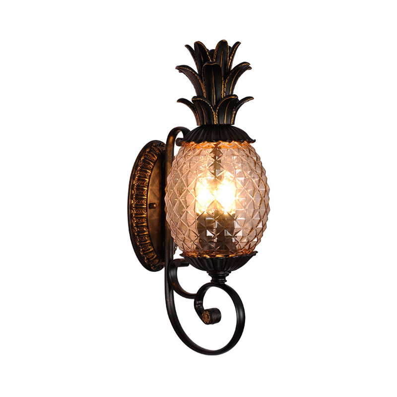 Vintage Pineapple Outdoor Wall Lamp - Brass Mount Light With Smoke Gray Ribbed Glass And 1-Bulb