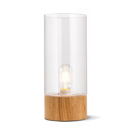 Farmhouse Style Clear Glass Nightstand Lamp - Cylinder Shape With Wood Base