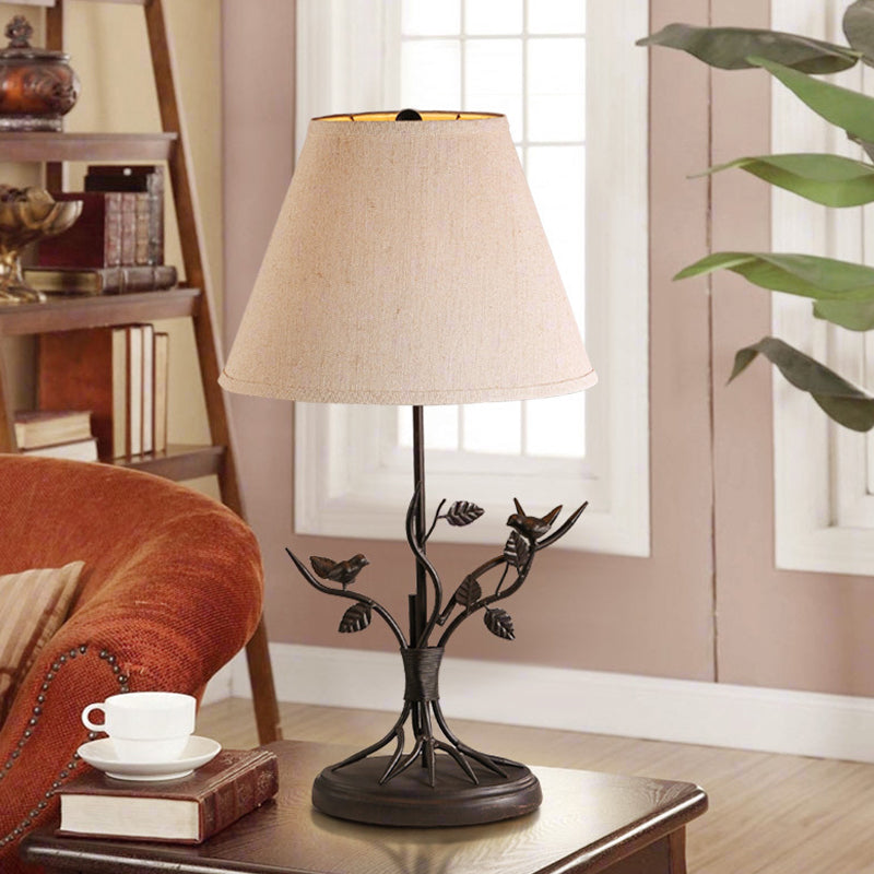 Vintage Tapered Fabric Table Light With Branch Design - White 1 Head Nightstand Lighting For Living