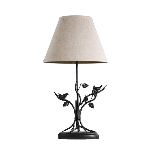 Vintage Tapered Fabric Table Light With Branch Design - White 1 Head Nightstand Lighting For Living