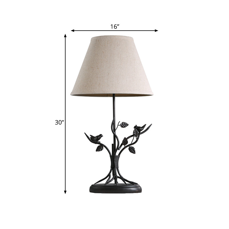 Vintage Tapered Fabric Table Light With Branch Design - White 1 Head Nightstand Lighting For Living