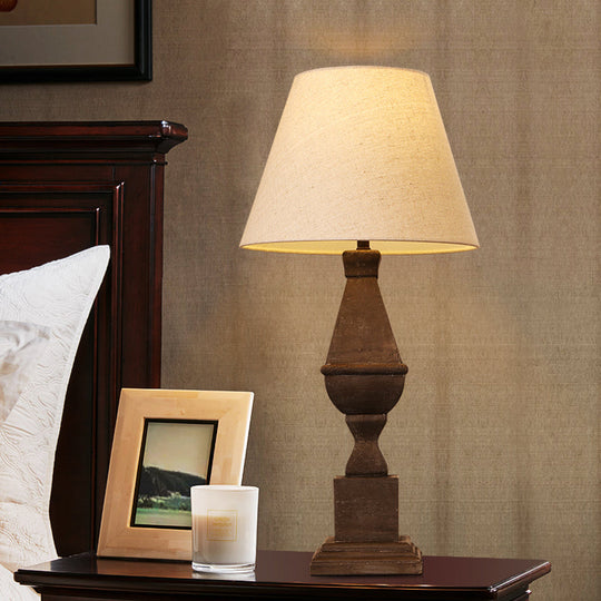 Rustic Countryside Night Light: Brown Conic Fabric 1-Bulb Table Lamp With Resin Base