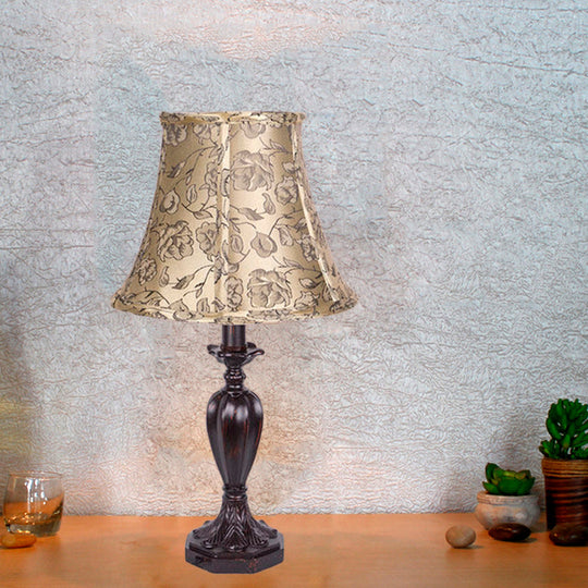 Beige Nightstand Lamp With Bell Shade - Antique Flower Pattern Resin Font Design