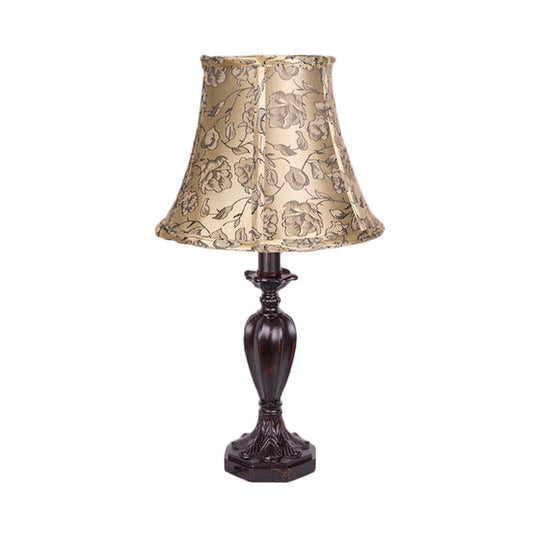 Beige Nightstand Lamp With Bell Shade - Antique Flower Pattern Resin Font Design