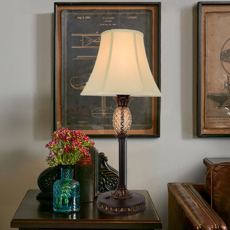 Panel Paneled Bell Night Lamp: Traditional Beige Fabric Nightstand Light With Pineapple Deco