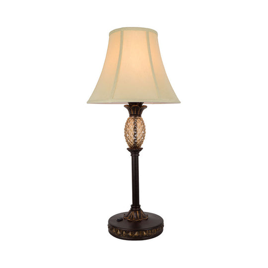 Panel Paneled Bell Night Lamp: Traditional Beige Fabric Nightstand Light With Pineapple Deco