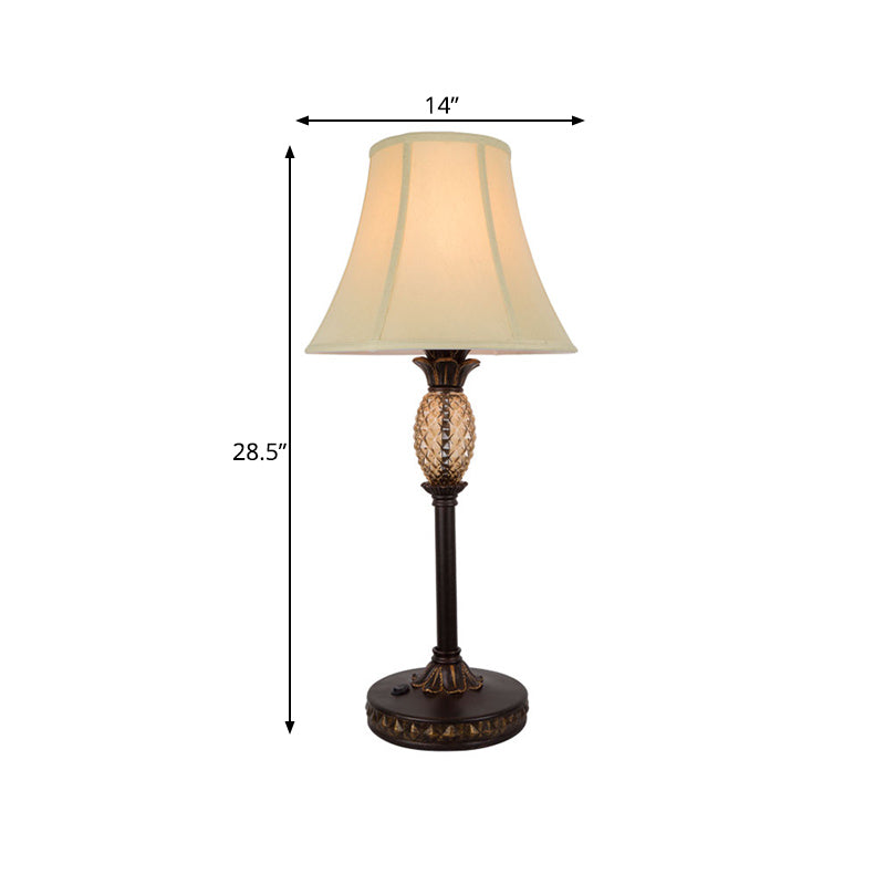 Panel Paneled Bell Night Lamp: Traditional Beige Fabric Nightstand Light With Pineapple Deco