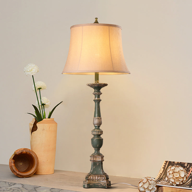 Vintage White Bell Shade Table Lamp With Resin Base - 1-Light Bedroom Nightstand Accent Light