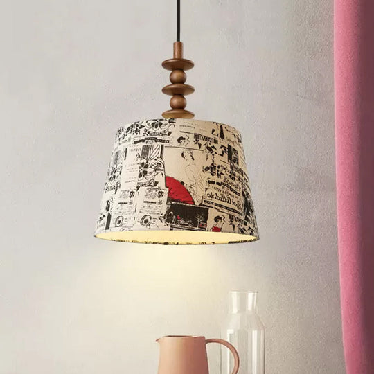 Suspended Countryside Fabric Pendant Light In White With Conical Script Print - Dining Room