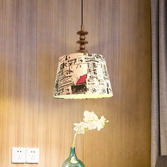 Suspended Countryside Fabric Pendant Light In White With Conical Script Print - Dining Room