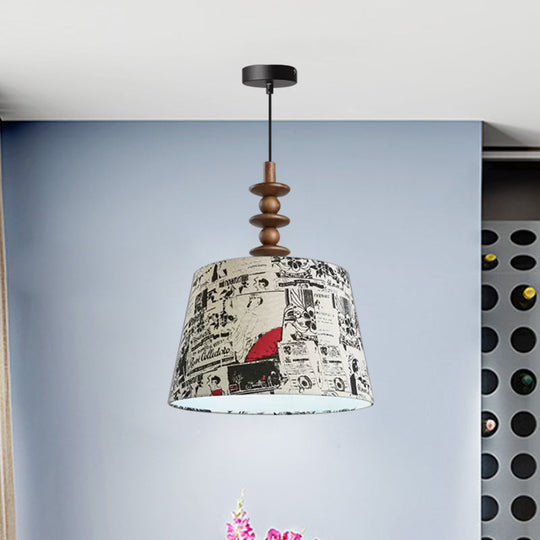 Suspended Countryside Fabric Pendant Light In White With Conical Script Print - Dining Room